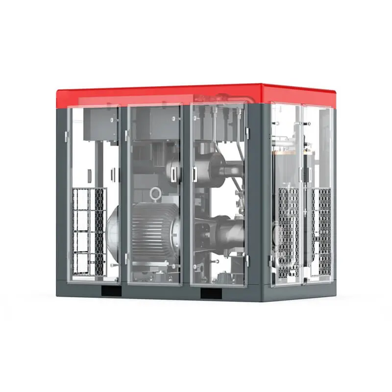 Compressor de Ar de Parafuso 75kW - lado posterior, gabinete transparente