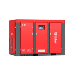 Compressor de ar de parafuso industrial Sollant SLT-90V vermelho e cinza com painel digital IHM integrado.