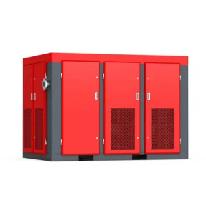 Vista posterior do compressor de parafuso Sollant SLT-90V com portas fechadas e grelhas de ventilação industriais.