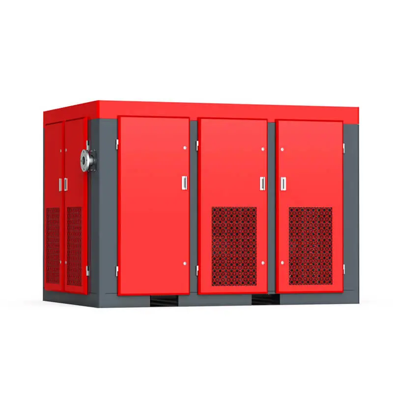 Vista posterior do compressor de parafuso Sollant SLT-90V com portas fechadas e grelhas de ventilação industriais.