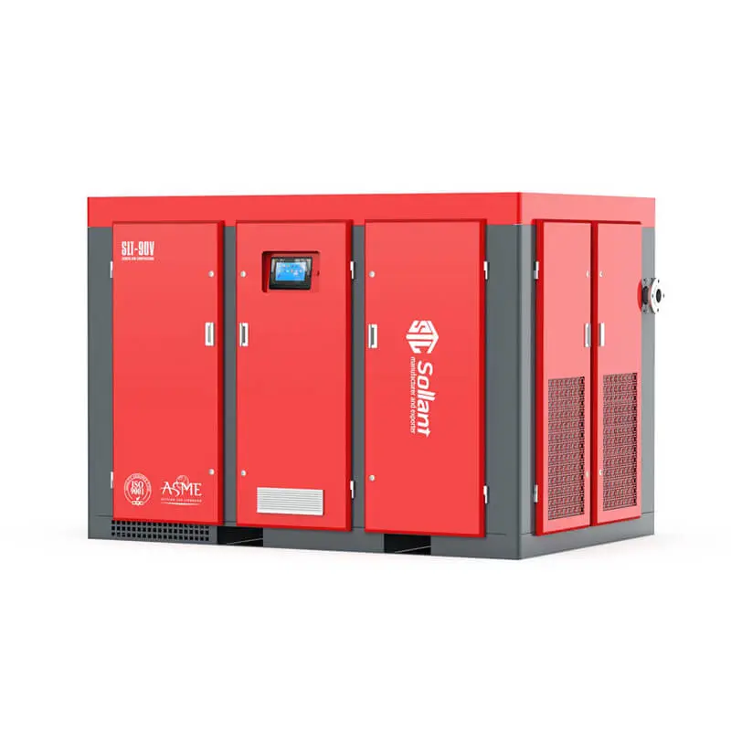 Foto em ângulo do compressor de ar de parafuso Sollant SLT-90V com selo de qualidade ASME e ISO 9001.